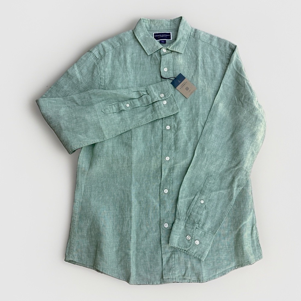 Charles Tyrwhitt Men's M 100% Linen Shirt Light Green Slim Fit Long Sleeve NWT